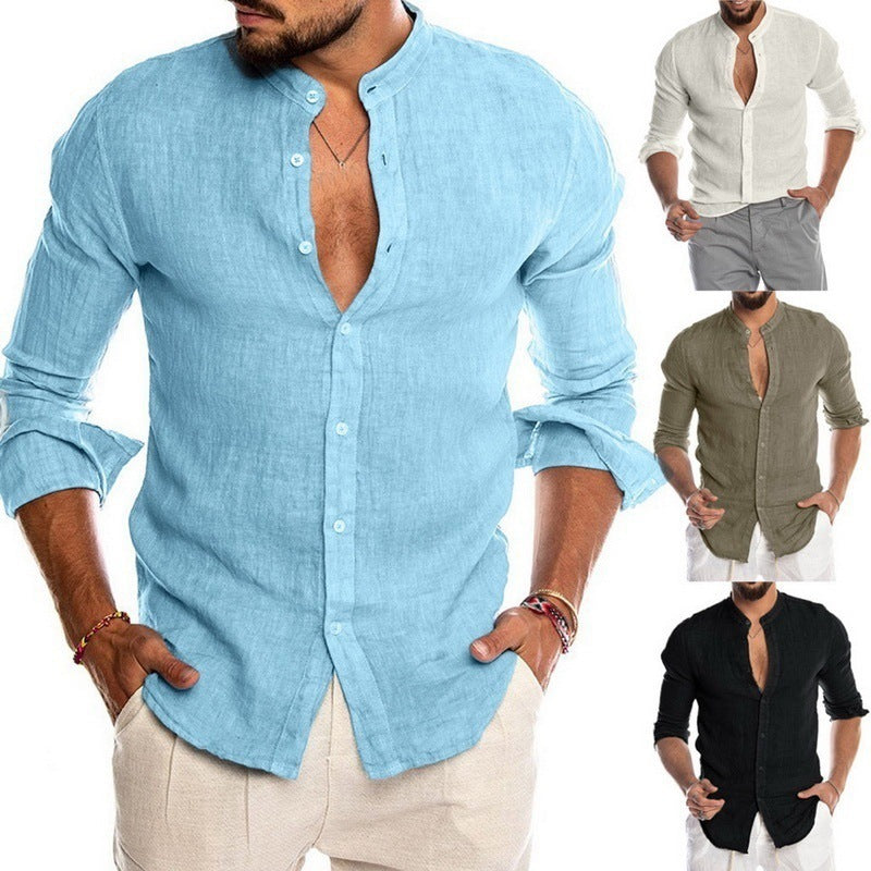 Solid Color Long Sleeve Streetwear Shirt For Men In Polyester With Standing Collar And Placket