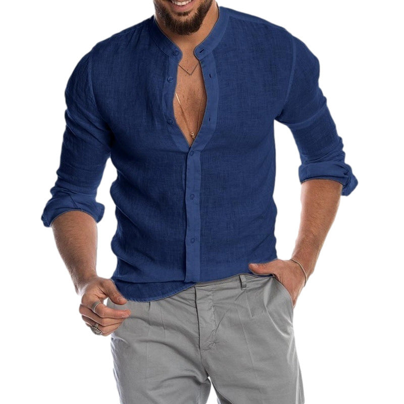 Solid Color Long Sleeve Streetwear Shirt For Men In Polyester With Standing Collar And Placket