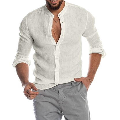 Solid Color Long Sleeve Streetwear Shirt For Men In Polyester With Standing Collar And Placket