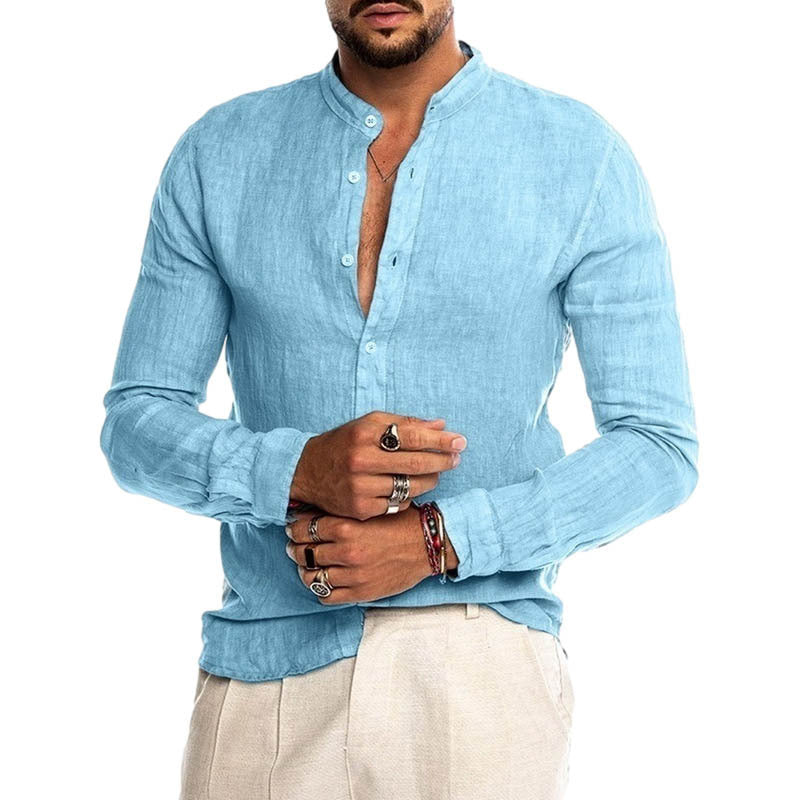 Solid Color Long Sleeve Streetwear Shirt For Men In Polyester With Standing Collar And Placket