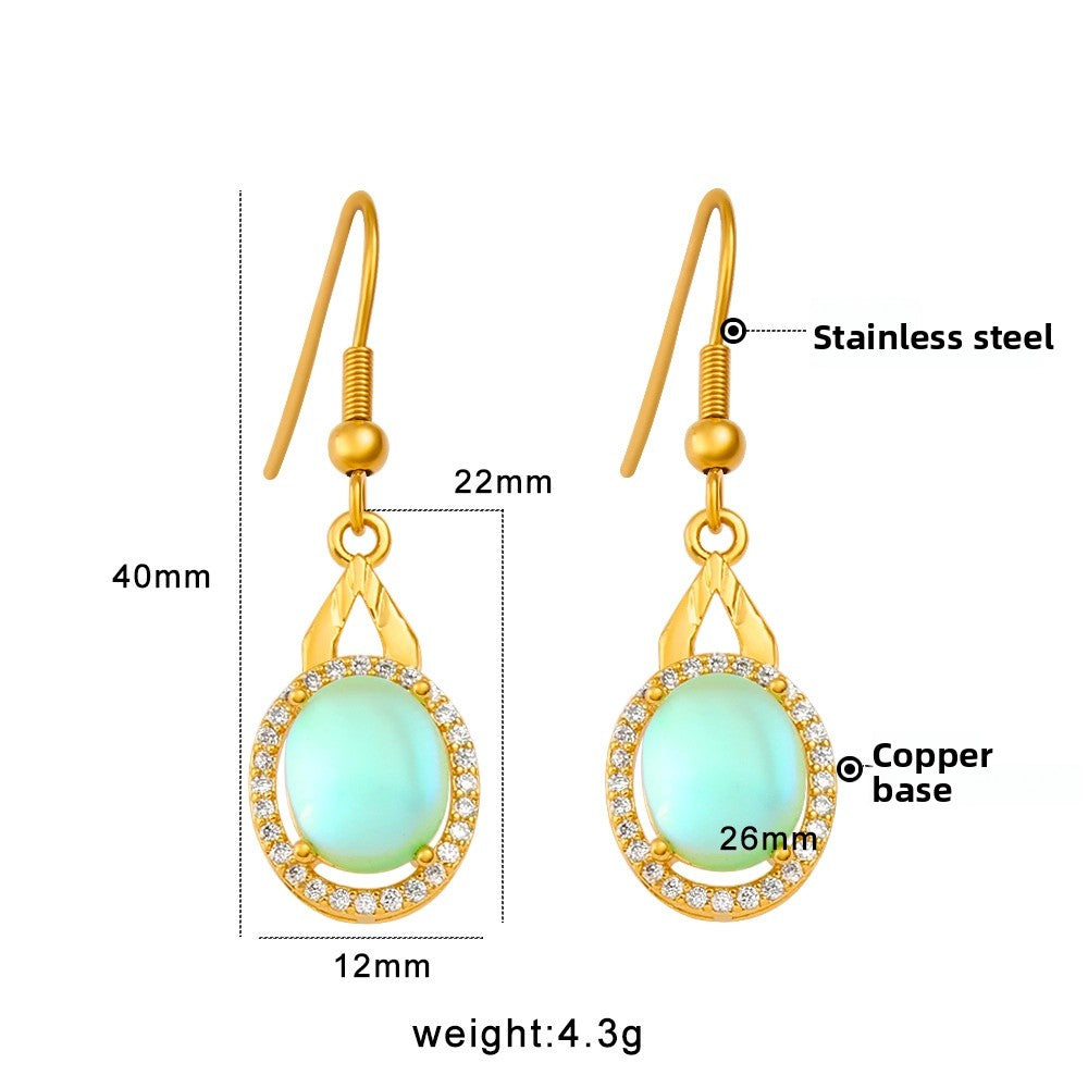 Heart Shape Light Green Drop Earrings For Women With Copper Posts, 304 Stainless Steel And Rhinestone Inlay