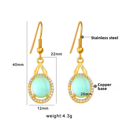 Heart Shape Light Green Drop Earrings For Women With Copper Posts, 304 Stainless Steel And Rhinestone Inlay