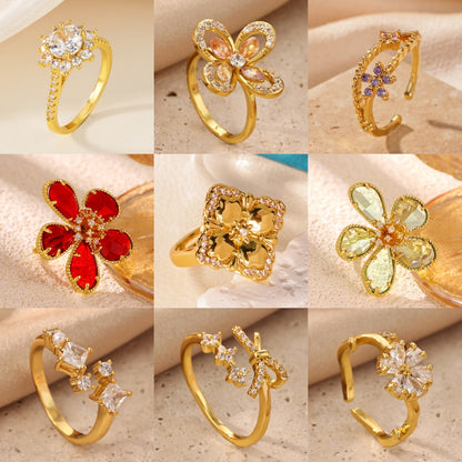 Electroplated Flowers Ring For Women In Copper With 18K Real Gold PVD Coating And Zircon Inlay