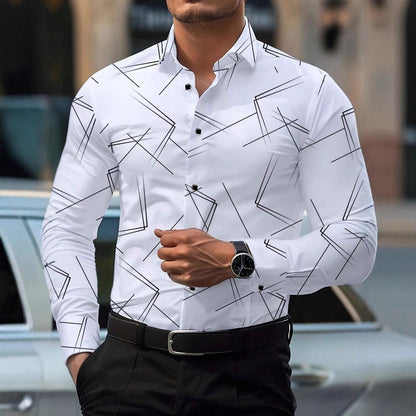 Vintage Style Geometric Long Sleeve Men's Shirt In Polyester Fabric Featuring Printing Craft With Lapel Collar