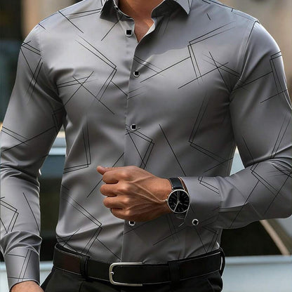 Vintage Style Geometric Long Sleeve Men's Shirt In Polyester Fabric Featuring Printing Craft With Lapel Collar