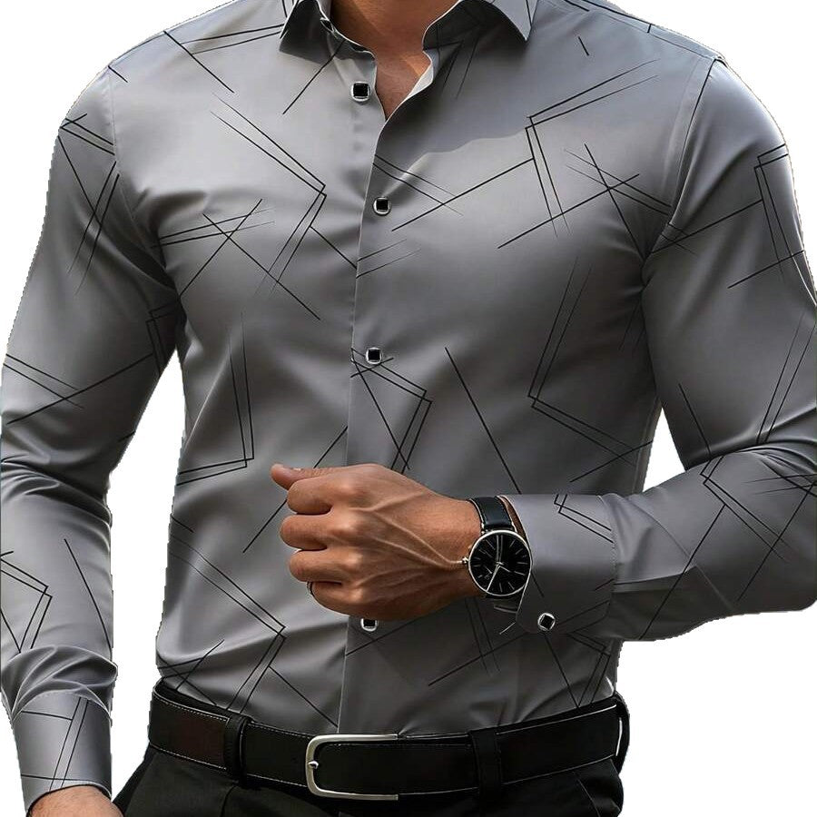 Vintage Style Geometric Long Sleeve Men's Shirt In Polyester Fabric Featuring Printing Craft With Lapel Collar