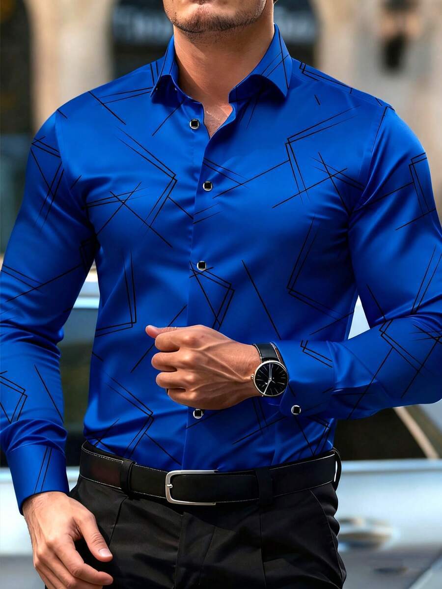 Vintage Style Geometric Long Sleeve Men's Shirt In Polyester Fabric Featuring Printing Craft With Lapel Collar