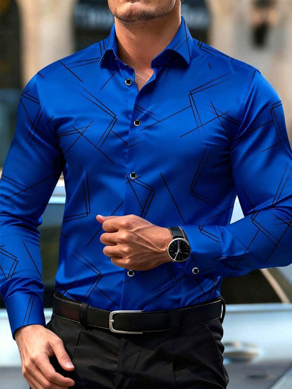 Vintage Style Geometric Long Sleeve Men's Shirt In Polyester Fabric Featuring Printing Craft With Lapel Collar