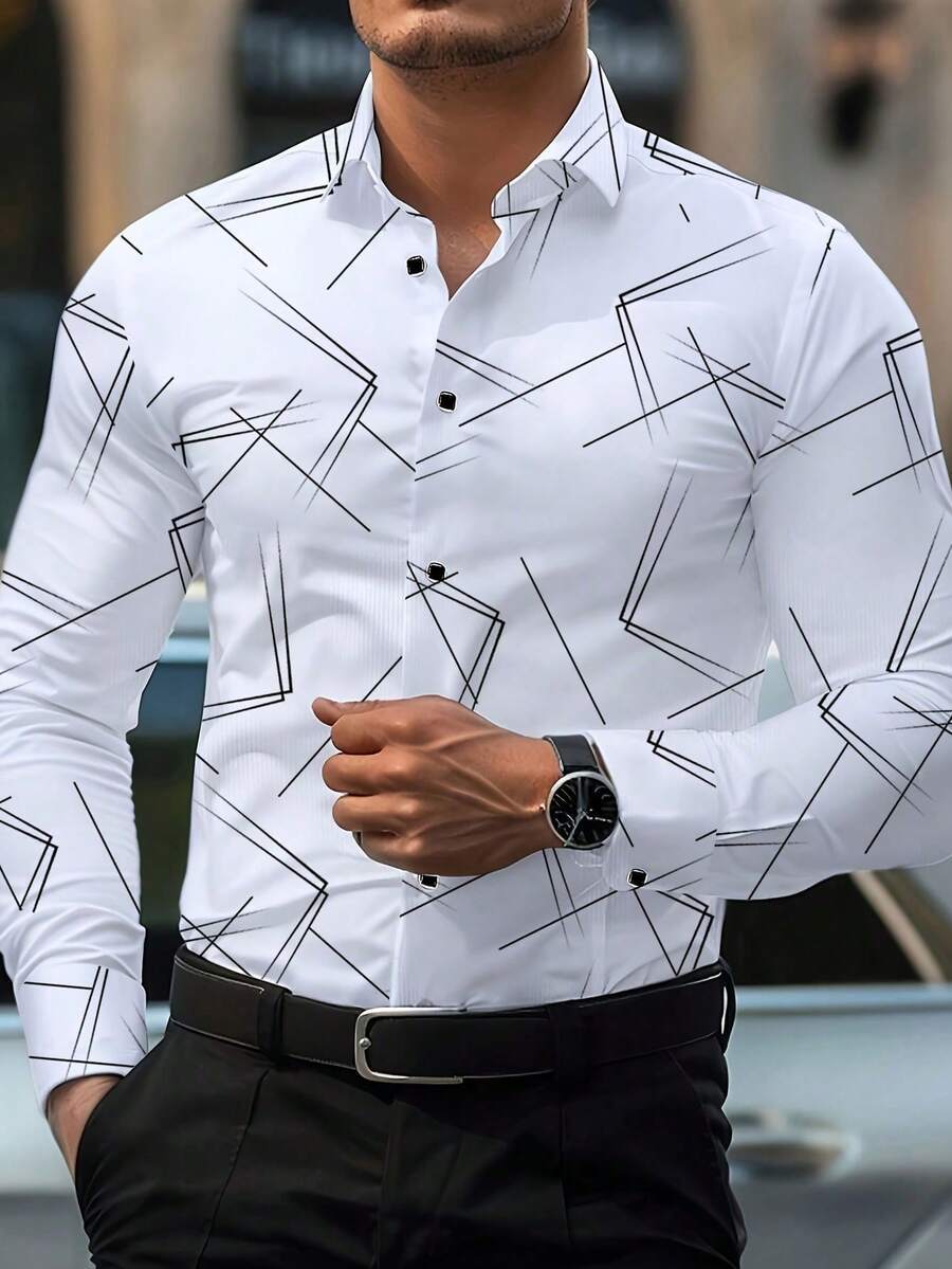 Vintage Style Geometric Long Sleeve Men's Shirt In Polyester Fabric Featuring Printing Craft With Lapel Collar