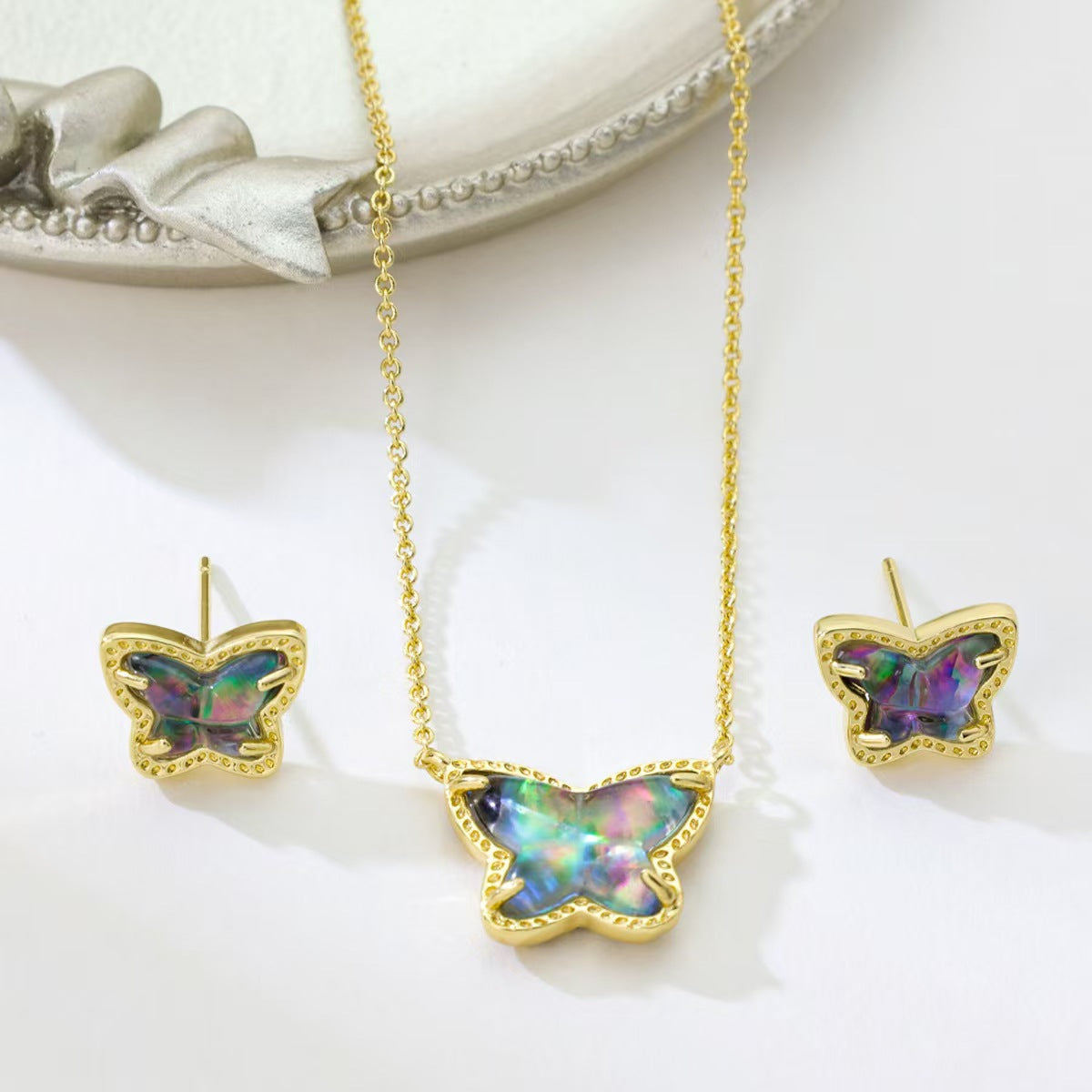 Cute Handmade Butterfly Necklace For Women In Copper With KC Golden Plated Finish And Glass Inlay, Featuring Slider Chain