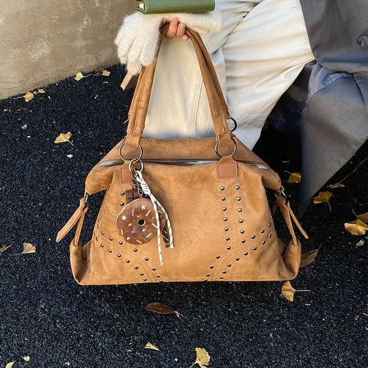 Solid Color Square PU Leather Tote Bag For Women Featuring Rivet Design, Perfect For Autumn And Winter