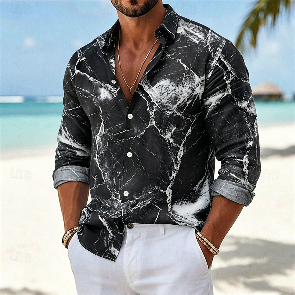 Marble Casual Long Sleeve Men's Shirt In Polyester Featuring 3D Print With Placket