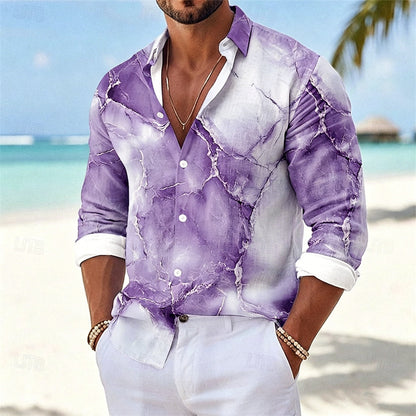Marble Casual Long Sleeve Men's Shirt In Polyester Featuring 3D Print With Placket