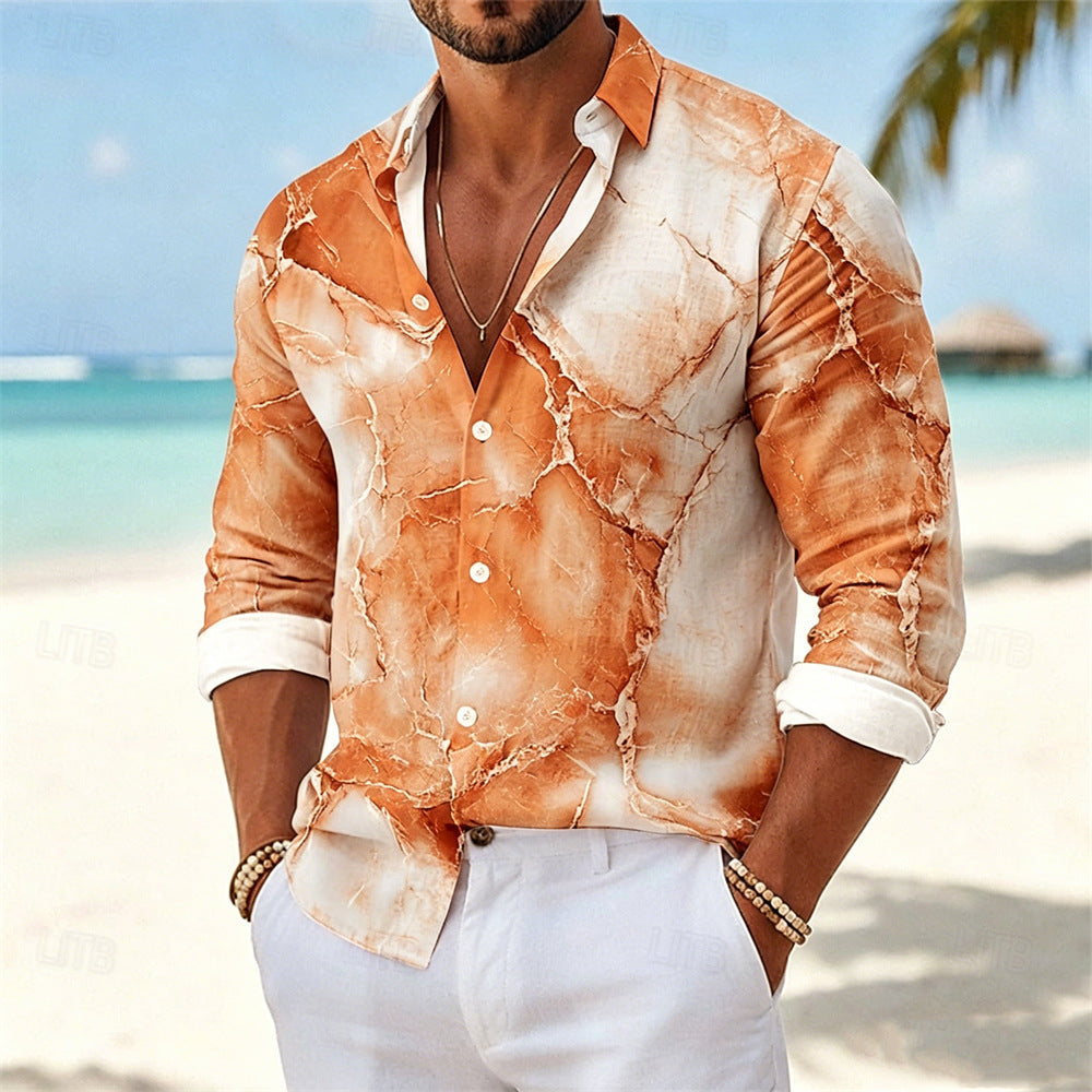 Marble Casual Long Sleeve Men's Shirt In Polyester Featuring 3D Print With Placket