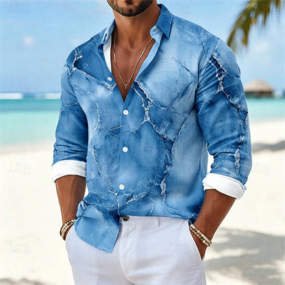 Marble Casual Long Sleeve Men's Shirt In Polyester Featuring 3D Print With Placket