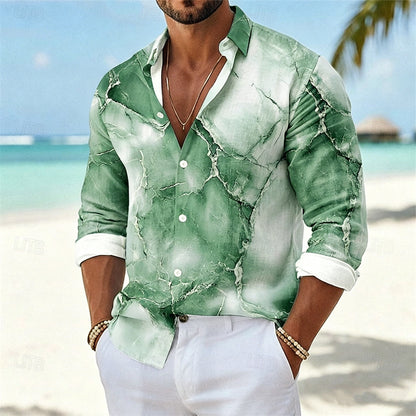 Marble Casual Long Sleeve Men's Shirt In Polyester Featuring 3D Print With Placket