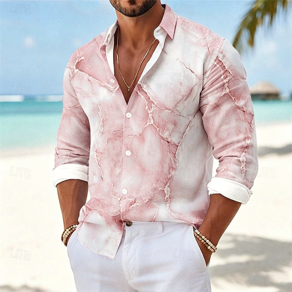 Marble Casual Long Sleeve Men's Shirt In Polyester Featuring 3D Print With Placket