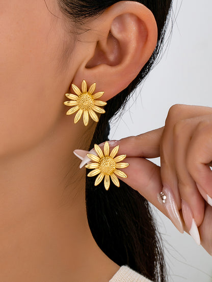 Bohemian Unisex Stud Earrings With Three-dimensional Flower Design In Golden Plated Zinc Alloy And Iron Posts