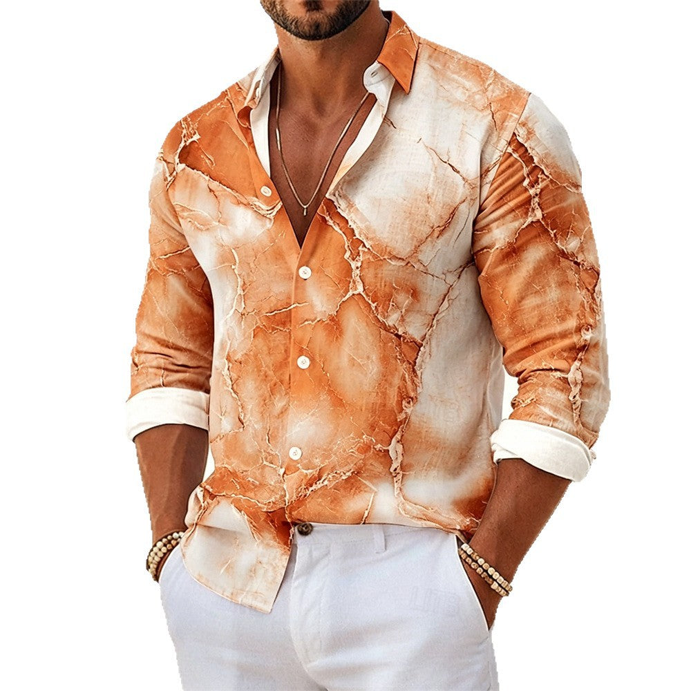 Marble Casual Long Sleeve Men's Shirt In Polyester Featuring 3D Print With Placket