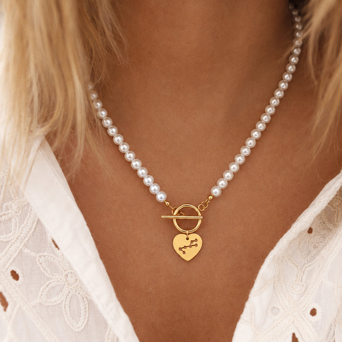 Constellation Pendant Necklace For Women With 18K Real Gold Plated 0.03µm Beaded Chain, 201 Stainless Steel, Waterproof Non Tarnish