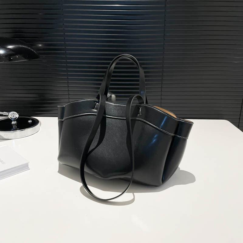 Women's PU Leather Bucket Tote Bag With Sewing Thread Detail, Top Handle, Perfect For Autumn And Winter