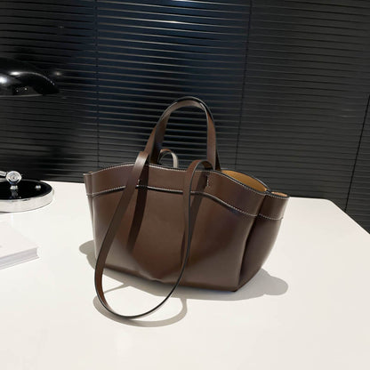 Women's PU Leather Bucket Tote Bag With Sewing Thread Detail, Top Handle, Perfect For Autumn And Winter