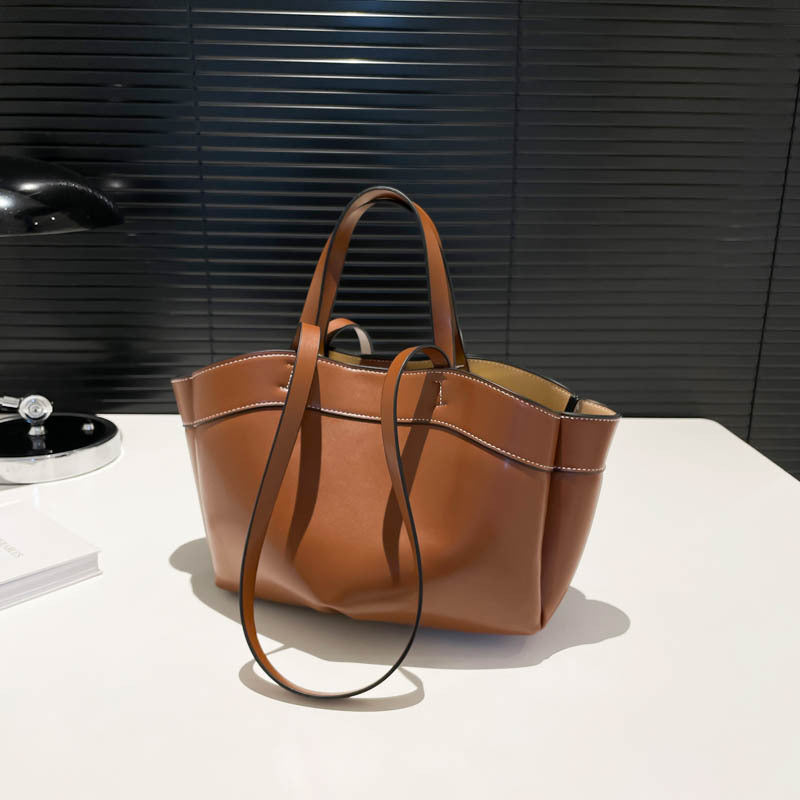 Women's PU Leather Bucket Tote Bag With Sewing Thread Detail, Top Handle, Perfect For Autumn And Winter