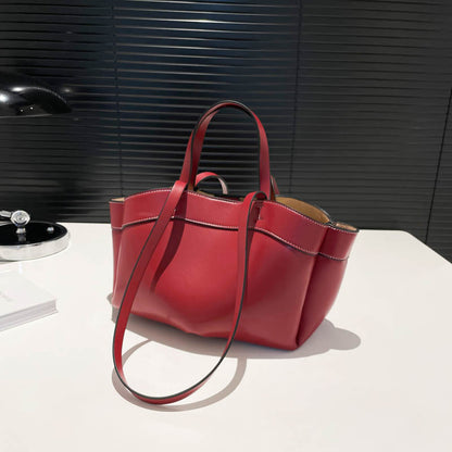 Women's PU Leather Bucket Tote Bag With Sewing Thread Detail, Top Handle, Perfect For Autumn And Winter