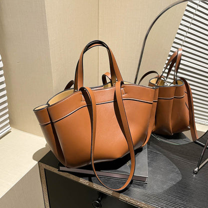 Women's PU Leather Bucket Tote Bag With Sewing Thread Detail, Top Handle, Perfect For Autumn And Winter