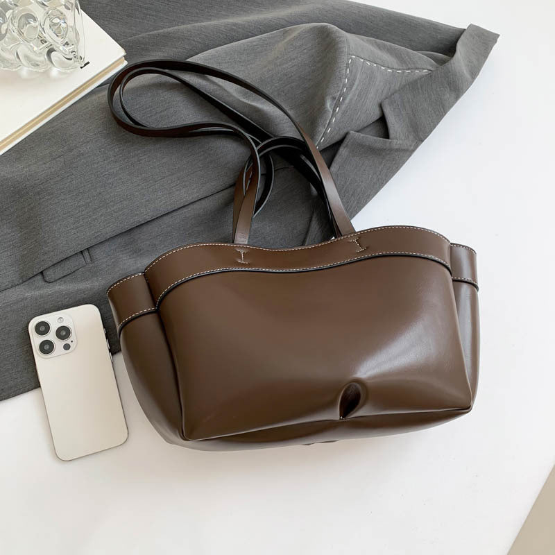 Women's PU Leather Bucket Tote Bag With Sewing Thread Detail, Top Handle, Perfect For Autumn And Winter