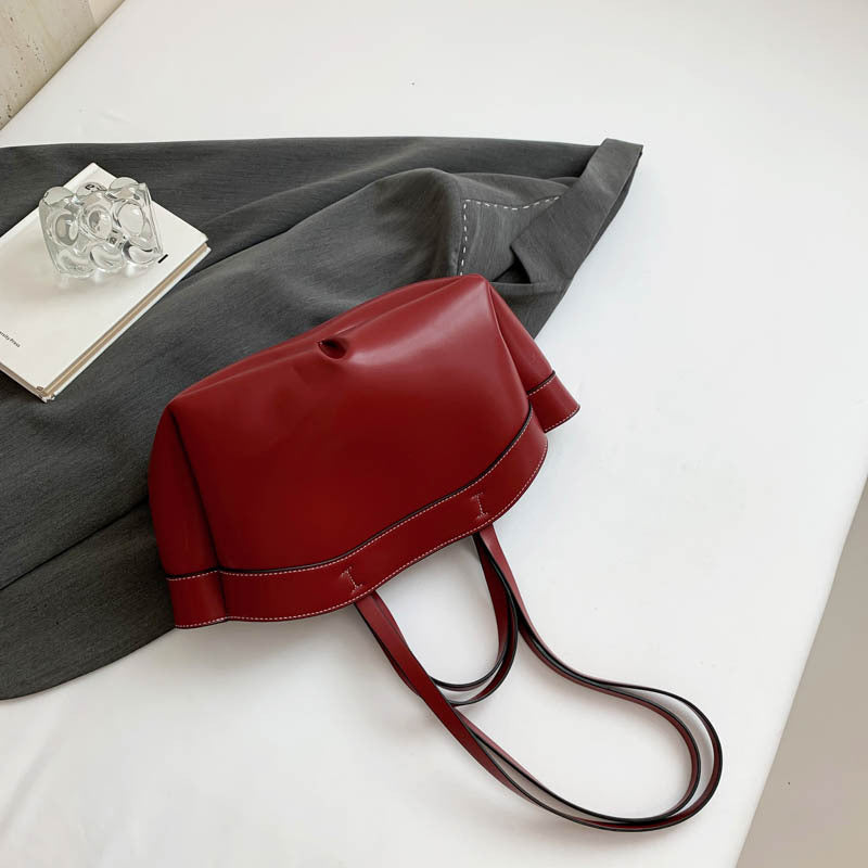 Women's PU Leather Bucket Tote Bag With Sewing Thread Detail, Top Handle, Perfect For Autumn And Winter