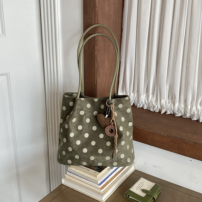 Women’s Polka Dots PU Leather Bucket Bag With Sewing Thread Detail, Single Shoulder Strap