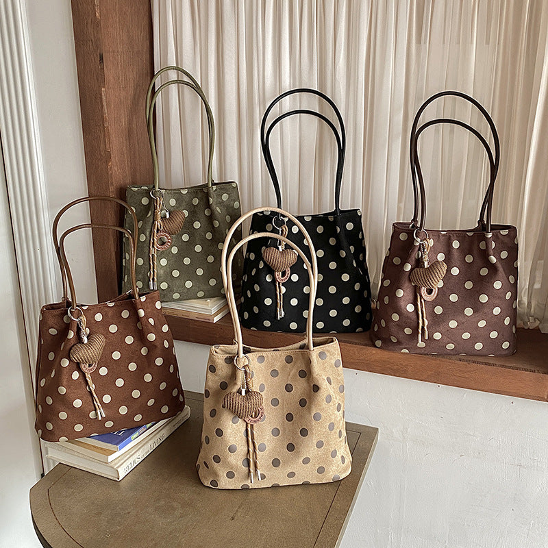 Women’s Polka Dots PU Leather Bucket Bag With Sewing Thread Detail, Single Shoulder Strap