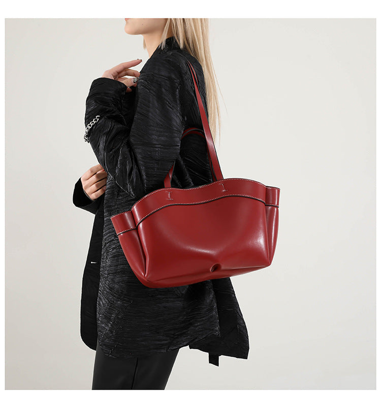 Women's PU Leather Bucket Tote Bag With Sewing Thread Detail, Top Handle, Perfect For Autumn And Winter