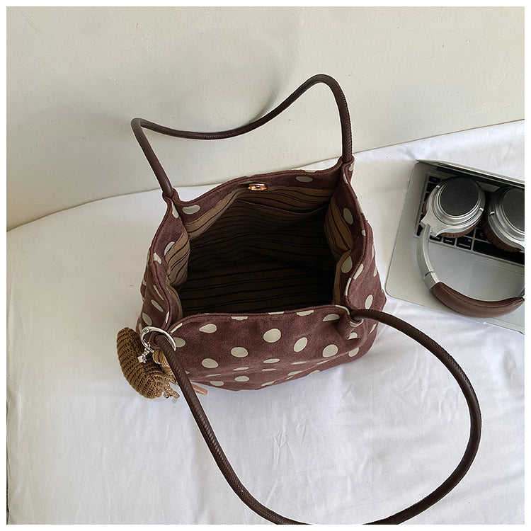 Women’s Polka Dots PU Leather Bucket Bag With Sewing Thread Detail, Single Shoulder Strap