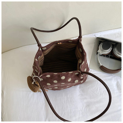 Women’s Polka Dots PU Leather Bucket Bag With Sewing Thread Detail, Single Shoulder Strap