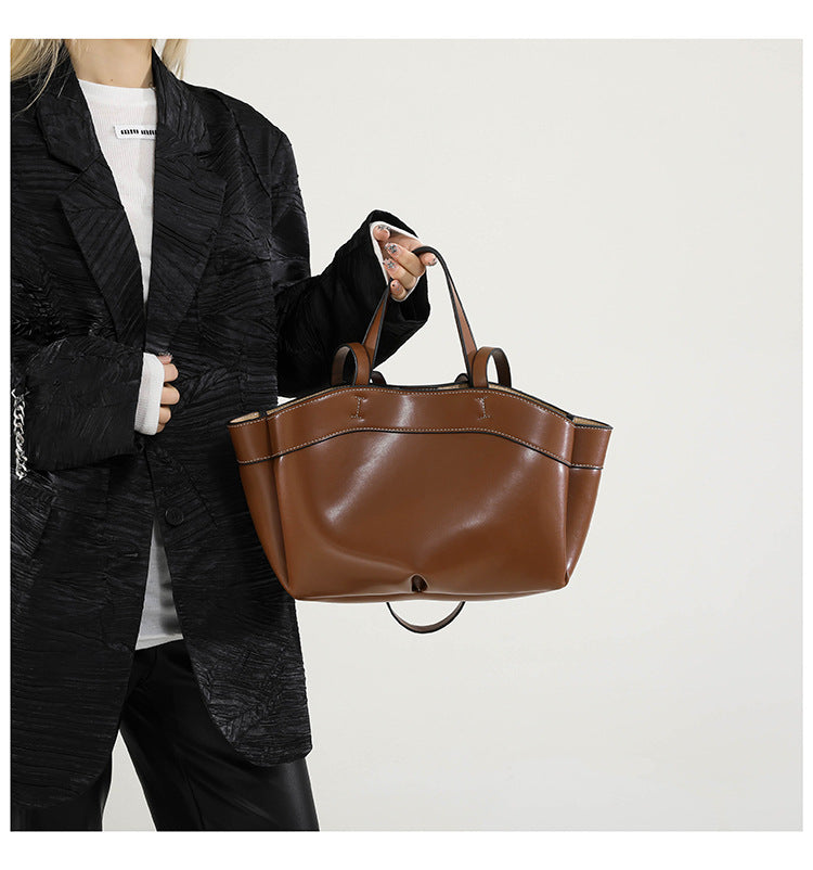 Women's PU Leather Bucket Tote Bag With Sewing Thread Detail, Top Handle, Perfect For Autumn And Winter