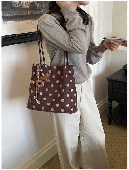 Women’s Polka Dots PU Leather Bucket Bag With Sewing Thread Detail, Single Shoulder Strap