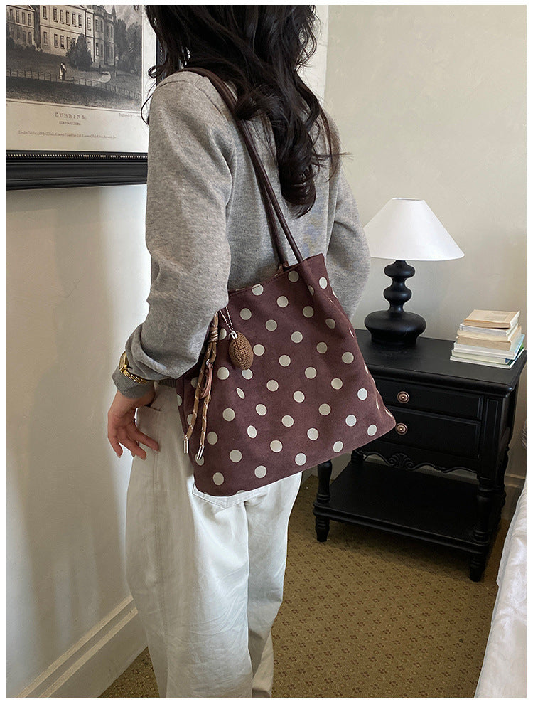 Women’s Polka Dots PU Leather Bucket Bag With Sewing Thread Detail, Single Shoulder Strap