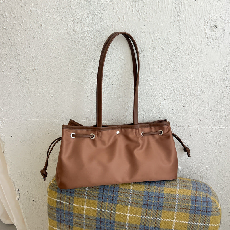 Women’s Square Splicing Tote Bag With Sewing Thread Detail, Made Of Polyester, Featuring Single Shoulder Strap