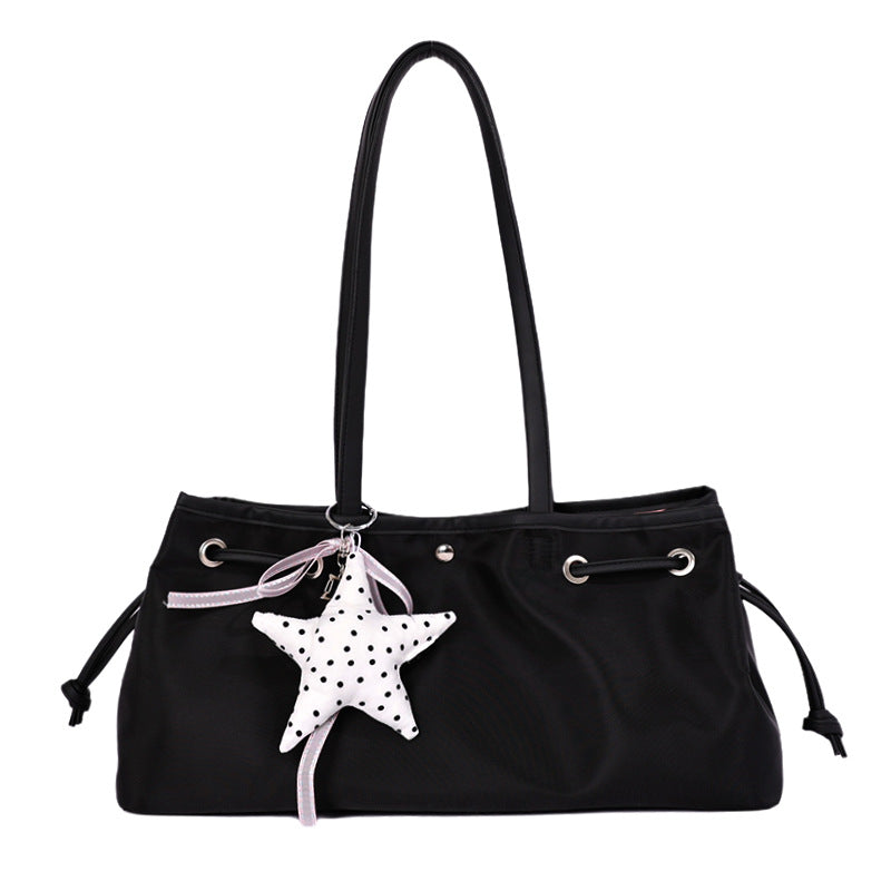 Women’s Square Splicing Tote Bag With Sewing Thread Detail, Made Of Polyester, Featuring Single Shoulder Strap