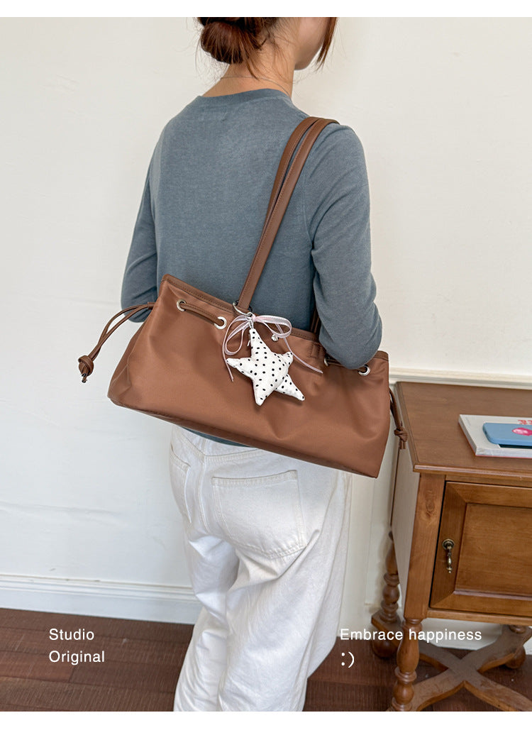 Women’s Square Splicing Tote Bag With Sewing Thread Detail, Made Of Polyester, Featuring Single Shoulder Strap
