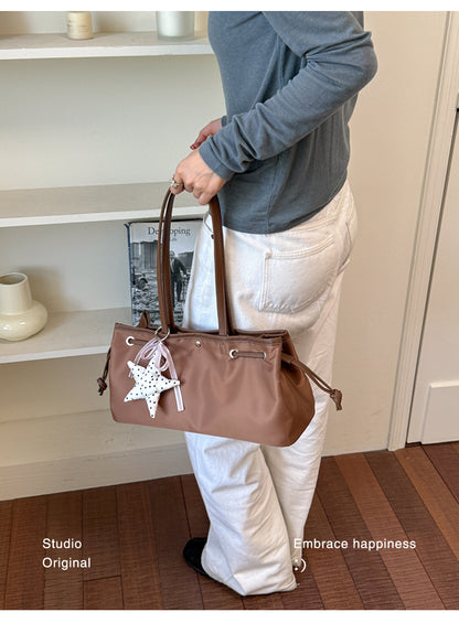 Women’s Square Splicing Tote Bag With Sewing Thread Detail, Made Of Polyester, Featuring Single Shoulder Strap