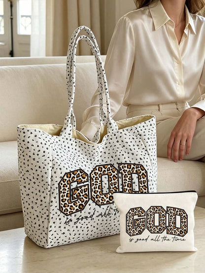 Unisex Square Polyester Shoulder Bag With Double Handle, Featuring Letter Pattern, Suitable For All Seasons