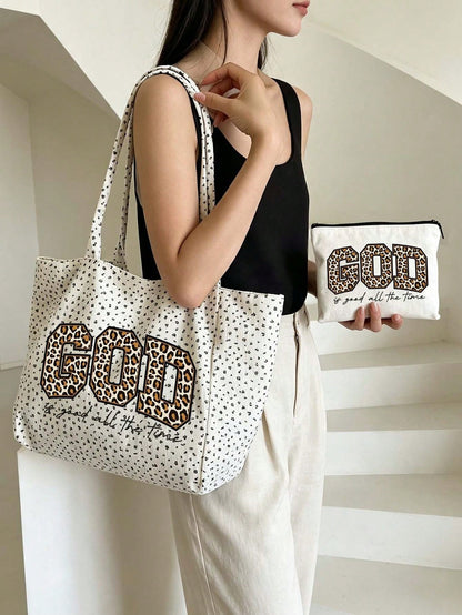 Unisex Square Polyester Shoulder Bag With Double Handle, Featuring Letter Pattern, Suitable For All Seasons