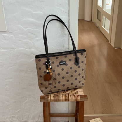 Women’s Polka Dots Square Tote Bag In PU Leather Featuring Sewing Thread Detail, Perfect For Autumn