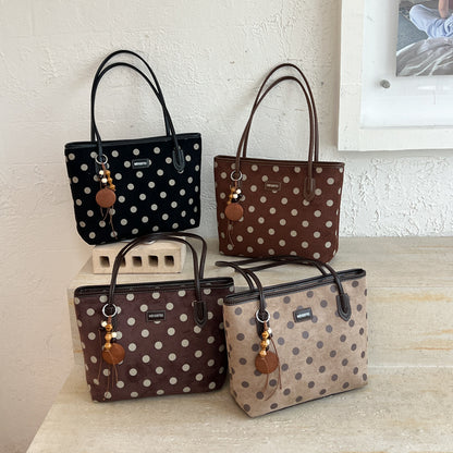 Women’s Polka Dots Square Tote Bag In PU Leather Featuring Sewing Thread Detail, Perfect For Autumn