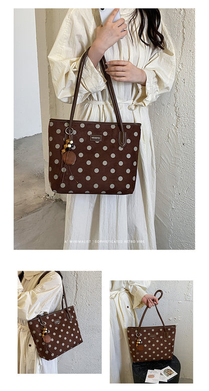 Women’s Polka Dots Square Tote Bag In PU Leather Featuring Sewing Thread Detail, Perfect For Autumn