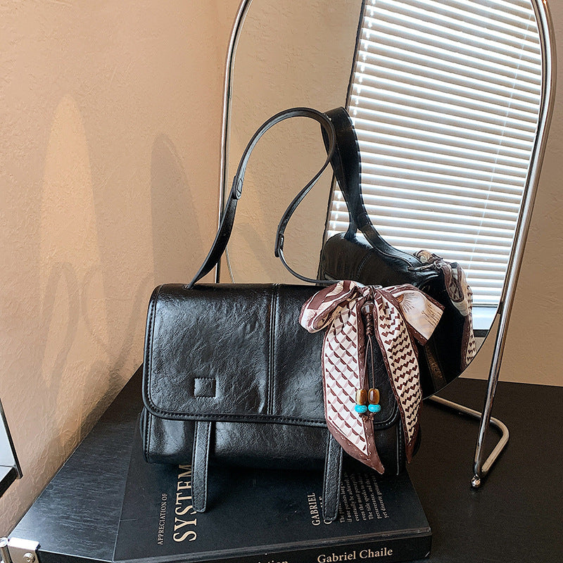 Women’s Square Splicing Messenger Bag In PU Leather Featuring Sewing Thread With Single Shoulder Strap