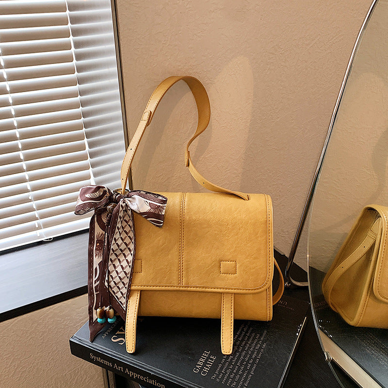 Women’s Square Splicing Messenger Bag In PU Leather Featuring Sewing Thread With Single Shoulder Strap